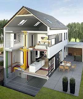 Dreidimensionales Schnittmodell eines modernen Hauses mit sichtbaren Innenräumen und Terrasse.