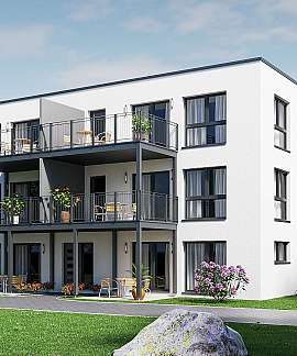 Modernes weißes Wohnhaus mit mehreren Balkonen und Garten