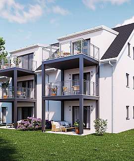 Weißes modernes Wohnhaus mit mehreren Balkonen und grünem Garten