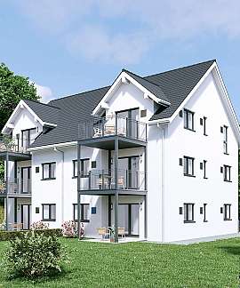 Mehrstöckiges weißes Wohnhaus mit Balkonen in einer grünen Gartenanlage.