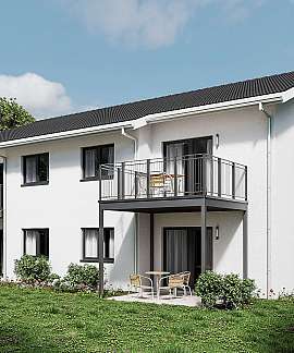 Modernes weißes Zweifamilienhaus mit Balkonen, Garten und geparktem Auto.