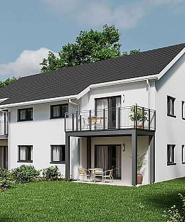 Weißes modernes Wohnhaus mit dunklem Dach, Balkonen und Garten