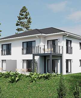 Modernes weißes Wohnhaus mit Balkonen, umgeben von Bäumen und Rasen.