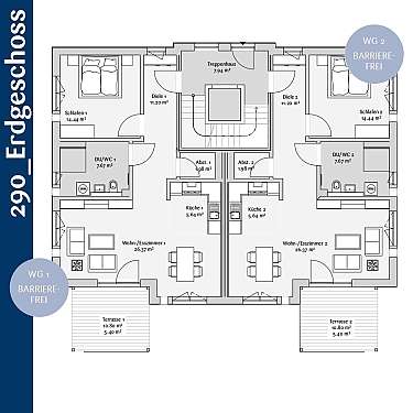 Architektonischer Grundriss mit zwei barrierefreien Wohneinheiten, Terrassen und zentralem Treppenhaus.