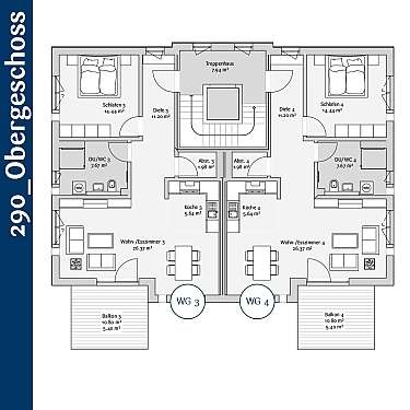 Architektonischer Grundriss mit zwei spiegelgleichen Wohneinheiten, Treppenhaus, Zimmern und Balkonen.