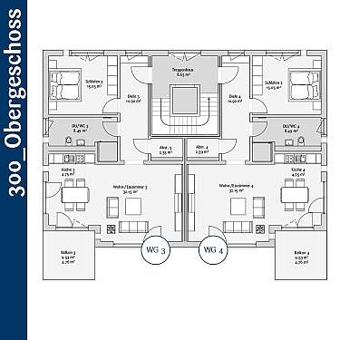 Architektonischer Grundriss einer Wohnung mit Wohn-, Schlaf- und Sanitärbereichen sowie Balkonen.