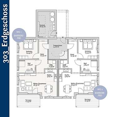 Architektonischer Grundriss mit zwei barrierefreien Wohneinheiten, Räumen, Terrassen und Treppenhaus.