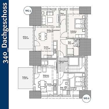 Architektonischer Grundriss einer Wohnung mit Wohn-, Schlaf-, Küchen-, Bad- und Balkonbereichen sowie Treppenhaus und Flächenangaben in Quadratmetern; seitlich blau beschriftet.