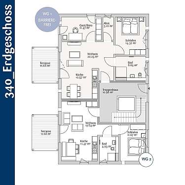 Architektonischer Grundriss mit zwei Wohneinheiten, Treppenhaus und Terrassen; Räume sind beschriftet und möbliert dargestellt.