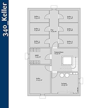Grundriss eines Kellers mit mehreren Kellerräumen, Flur, Treppenhaus, HWR und Technikraum.