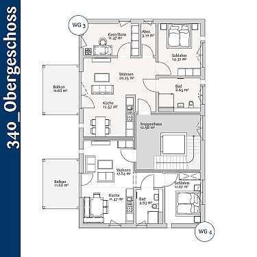 Grundriss mit Wohn-, Schlaf-, Küchen- und Badbereichen sowie zwei Balkonen und Treppenhaus, beschriftet WG 3 und WG 4 in Schwarzweiß.,