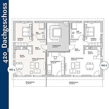 Grundriss mit zwei Wohnbereichen, Schlafzimmern, Bädern, Küche, Treppenhaus und Dachterrassen.