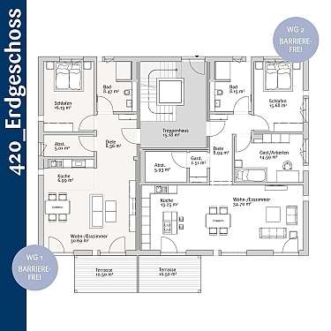 Architektonischer Grundriss einer barrierefreien Wohnung mit Zimmern, Treppenhaus und Terrassen.