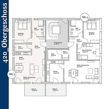 Architektonischer Grundriss mit Zimmern, Bädern, Küchen, Wohnbereichen und Balkonen.