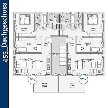 Architektonischer Grundriss mit zwei spiegelbildlichen Wohneinheiten, Schlafzimmern, Bädern, Küchen und Balkonen.
