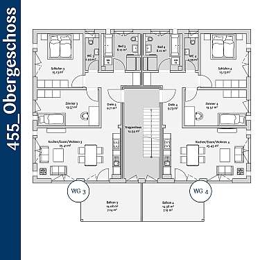 Grundriss einer Wohnung mit mehreren Zimmern, Bädern, Küche und Balkonen.