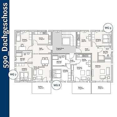 Architektonischer Grundriss mit drei Wohnungen, Zimmern, Küchen, Bädern und Balkonen.