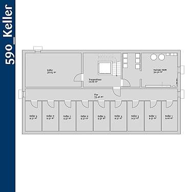 Grundriss eines Kellers mit Flur, Treppenhaus und mehreren Abstellräumen.
