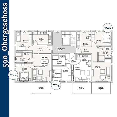 Schwarz-weißer Wohnungsgrundriss mit mehreren Zimmern, Küchen, Bädern und Balkonen.